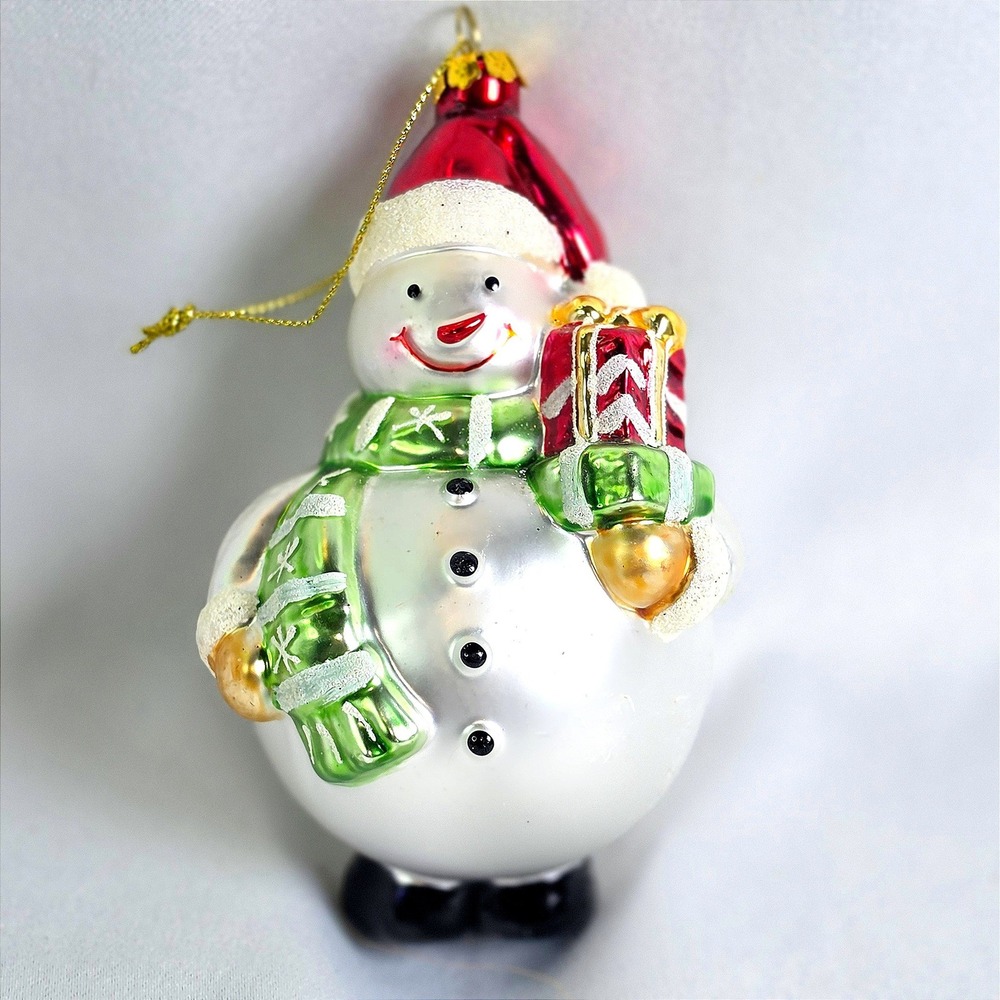 Vintage Glass Snowman Christmas Ornament Red Hat Green Scarf Gift Box Holiday